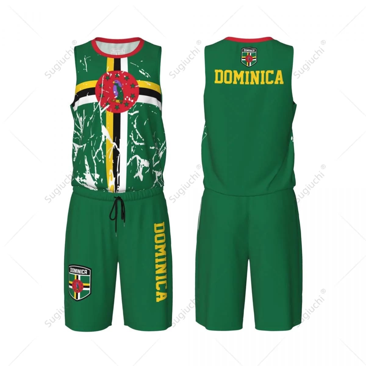 Set da basket da uomo con bandiera della Dominica, camicia e pantaloni senza maniche