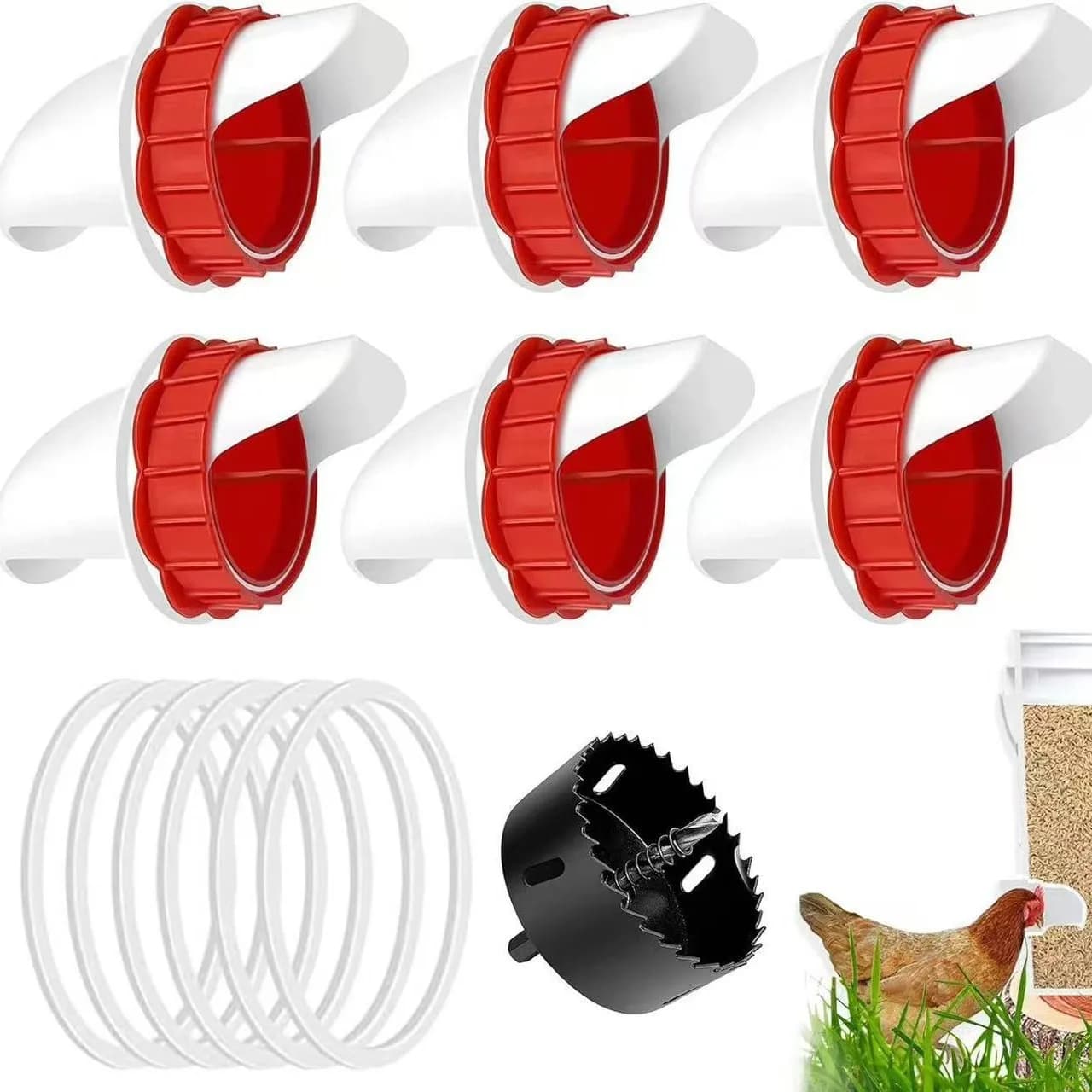 Chicken Feeders No Waste, DIY Automatic Poultry Feeder with 1 Hole Saw Gravity Feed Kit for Buckets Barrels Bins Troughs