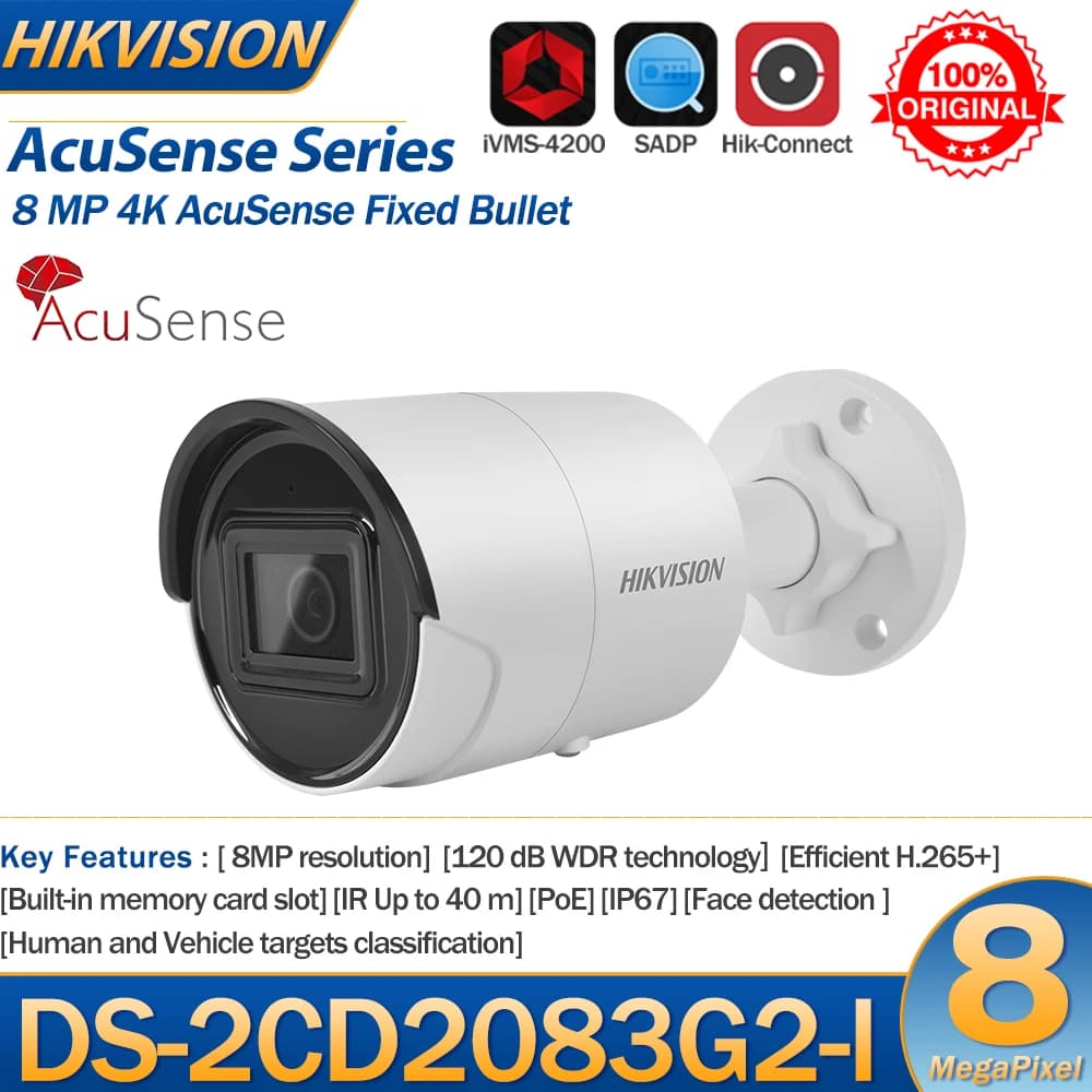 Hikvision IP Camera 8MP DS-2CD2083G2-I 4K Acusense IR POE Bullet Human Vehicle Classification SD Card Slot Video Surveillance