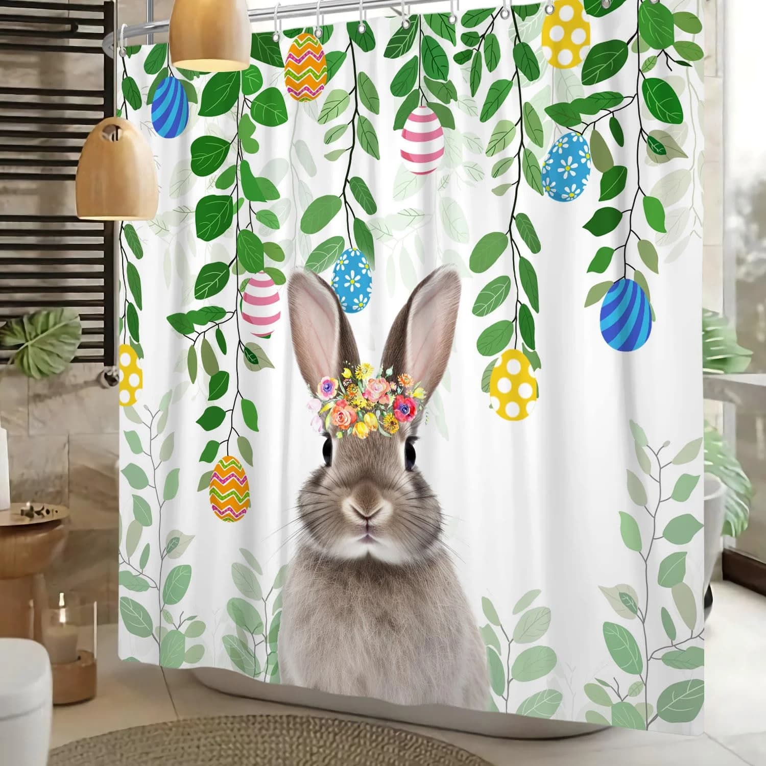 Tenda da Doccia VIKAMA Primavera Pasqua con Coniglietto Felice e Fiori, Impermeabile, Decorazione per la Casa