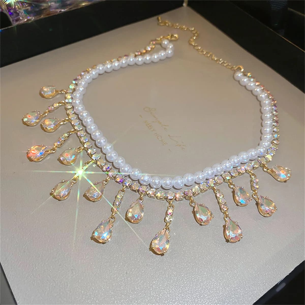 FYUAN Luxury Pearl Choker Necklaces for Women Water Drop Zircon Crystal Necklaces Wedding Banquet Jewelry