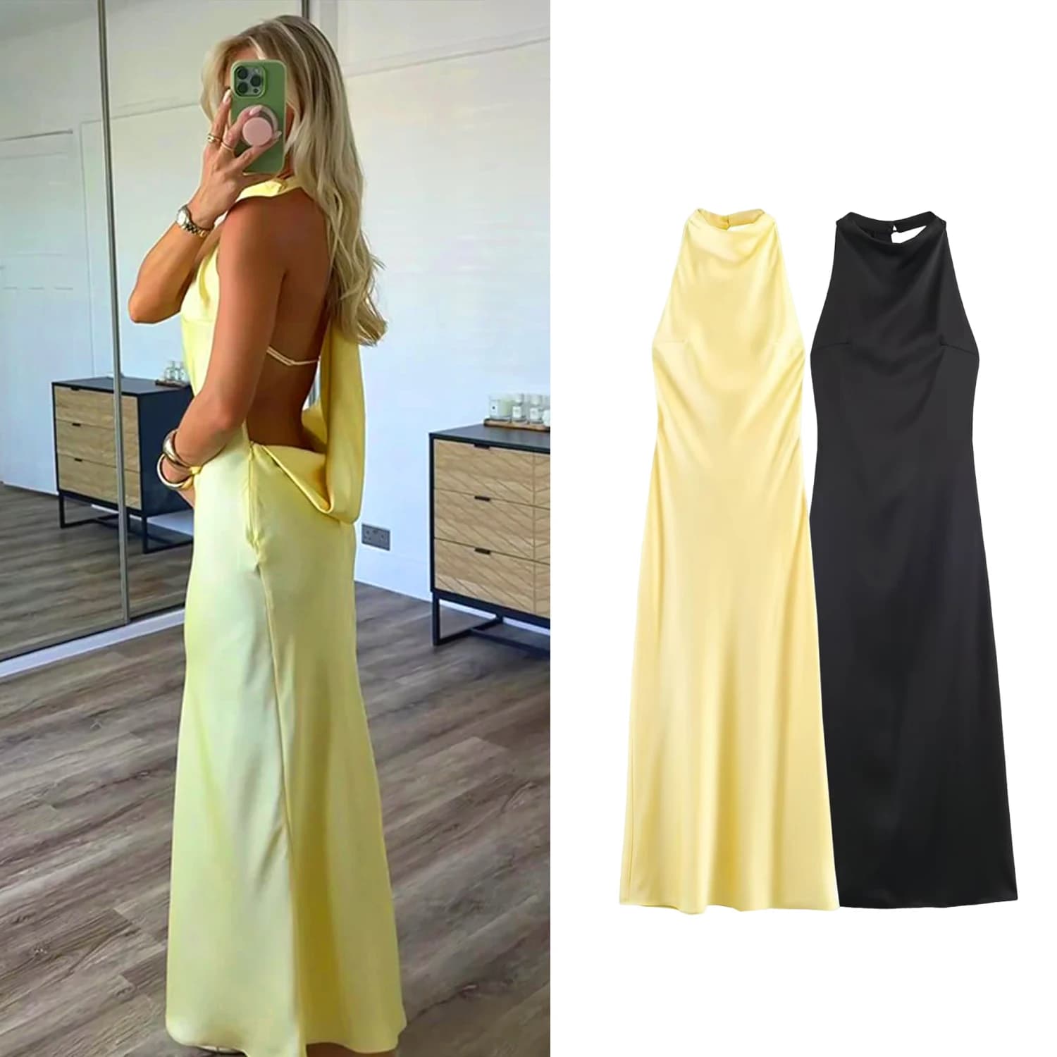 Women's Evening Party Long Dress Summer Female Elegant Satin Backless Halter Dress Lady Pleated Sleeveless Dresses Robes