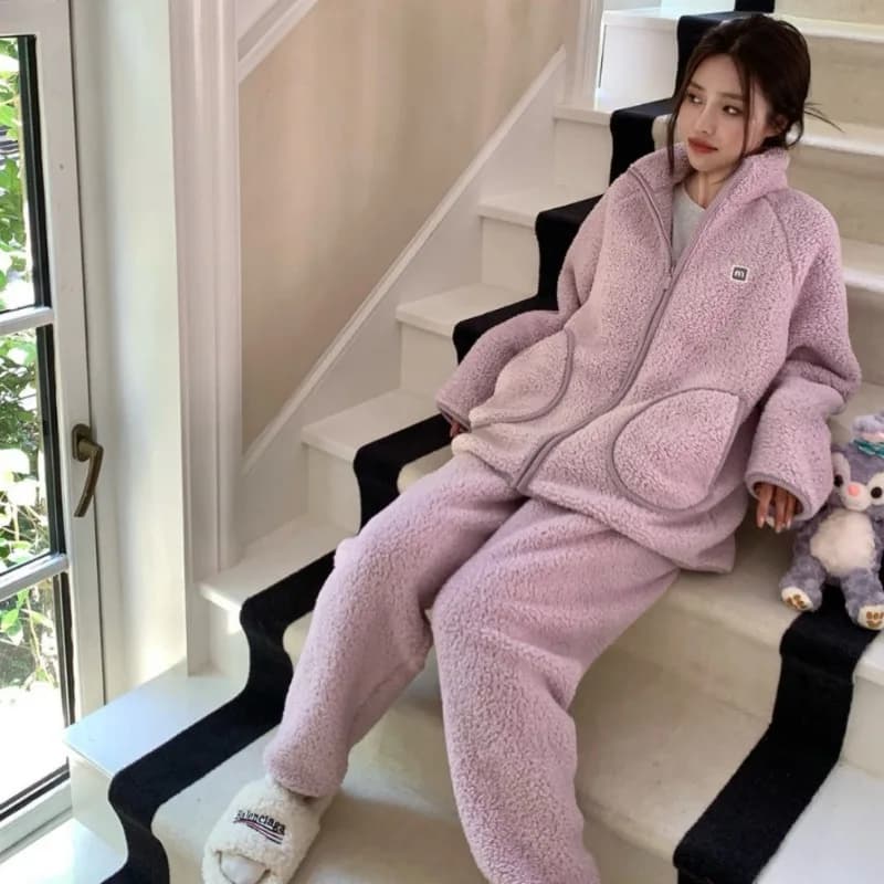 Pigiama da donna in pile corallo caldo invernale Set flanella ispessita manica lunga collo alto pantaloni pigiama completo flanella allentata homewear