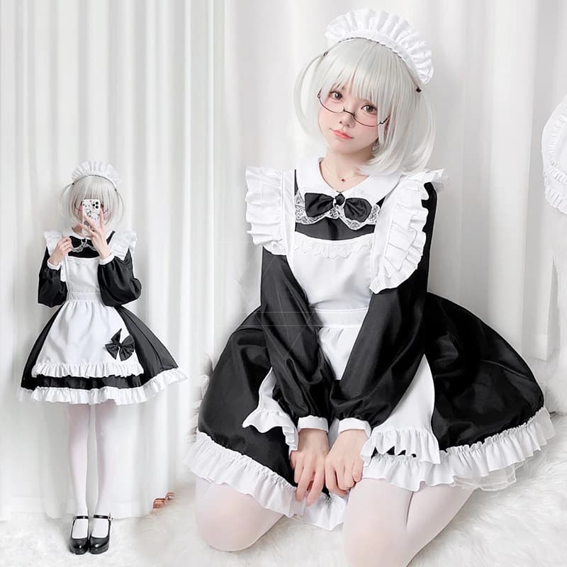 Plus Size Gothic Maid Set Black White Tiered Lolita Dress Apron Bow Set Curvy Anime Cafe Uniform for Halloween Tea Party Cosplay