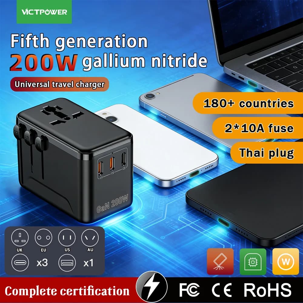 Adattatore da viaggio universale GaN200W con ricarica rapida PD, adattatore per caricabatterie internazionale a 8 porte (8AC/1USB-A/3USB-C) per UE/AUS/Regno Unito/USA
