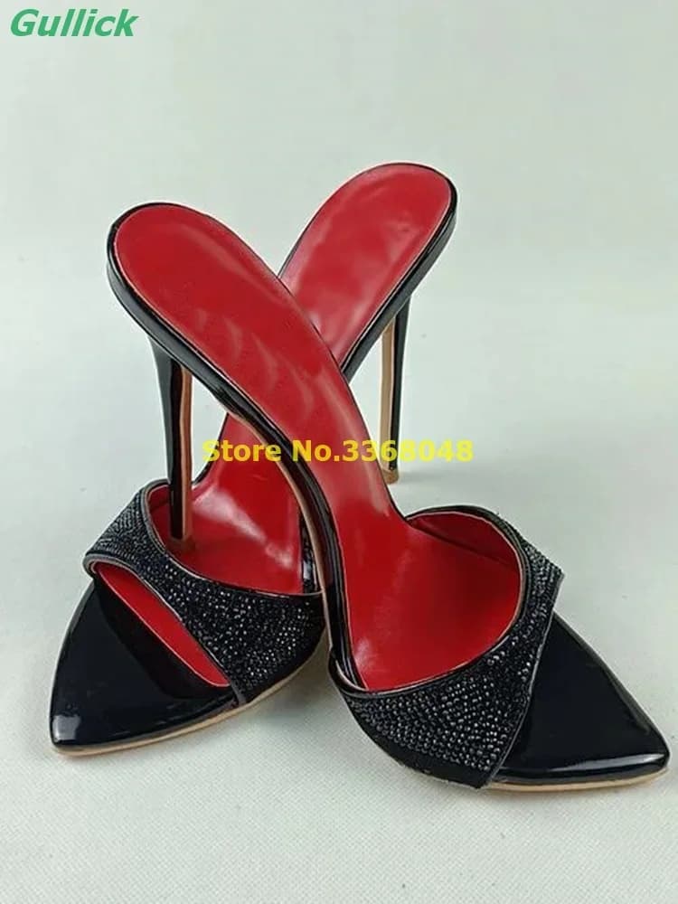 Black Crystal High Heel Shoes Sexy Pointed Toe Stiletto Heel Slip On Fashion 2024 Dress Slippers Solid Summer Slides