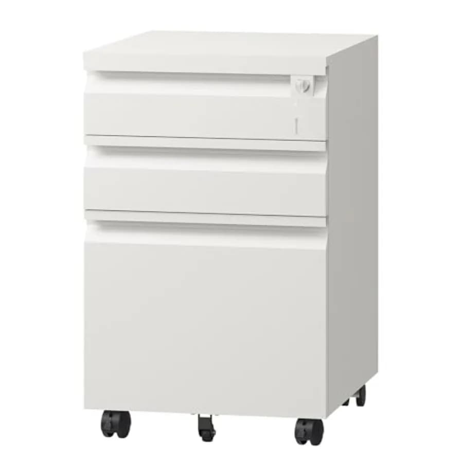 Armadietto Portadocumenti a 3 Cassetti con Ruote Bloccabili, Mobiletto in Metallo Bianco per Ufficio Domestico, Organizzatore Verticale Sotto Scrivania