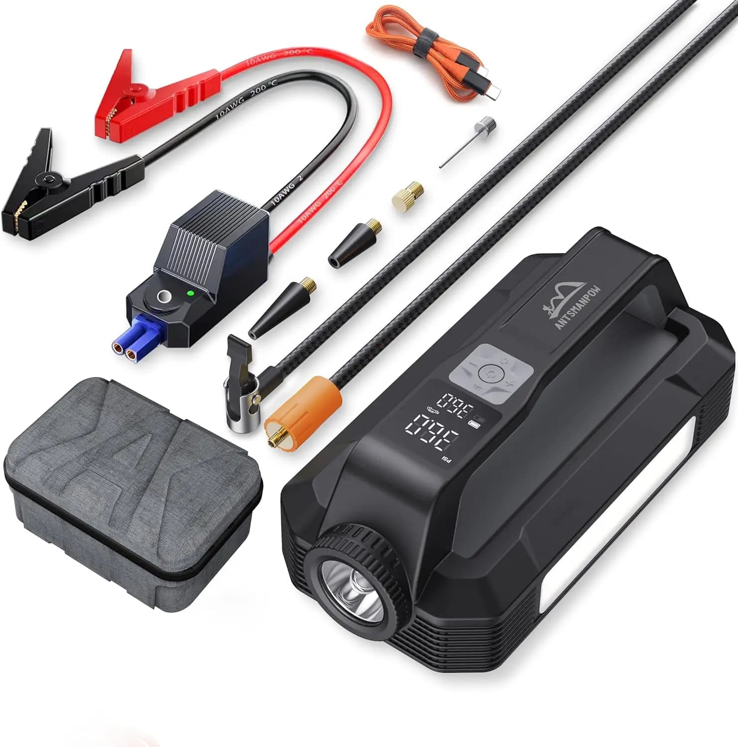 Avviatore portatile per batteria per auto da 6000 A con compressore d'aria da 150 PSI, ricarica rapida da 100 W, luce da 1200 LM, per auto a gas/diesel da 12 V