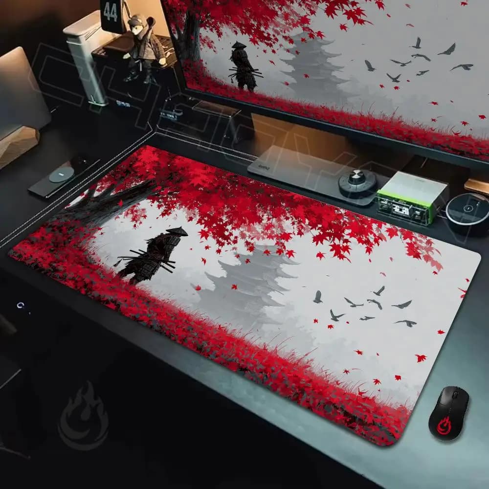 Tappetino per mouse romantico Red Maple e Samurai, tappetino da scrivania grande, tappetino per computer, tappetino per ufficio, tappetino per mouse XXL, accessori per PC da gioco, tappetino per tastiera