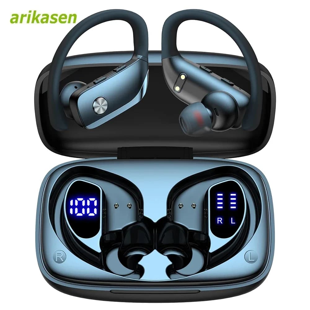 Auricolari wireless Cuffie Bluetooth 48 ore di riproduzione Auricolari sportivi con display a LED Auricolari over-ear con ganci per l'orecchio Microfono incorporato