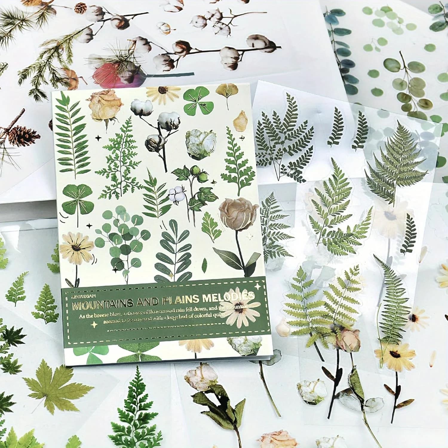 400PCS Plants Floral Scrapbook Stickers Kit Vintage Fern Flowers Green Transparent Waterproof Stickers Book For Scrapbooking Sup