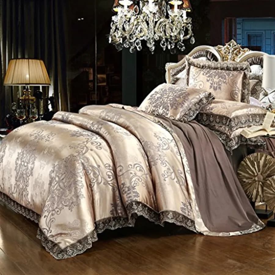 Set Copripiumino in Raso Ricamato, Misura Full/Queen, Cotone Satinato, Stile Neoclassico Europeo di Lusso, Copripiumino Jacquard con Pizzo