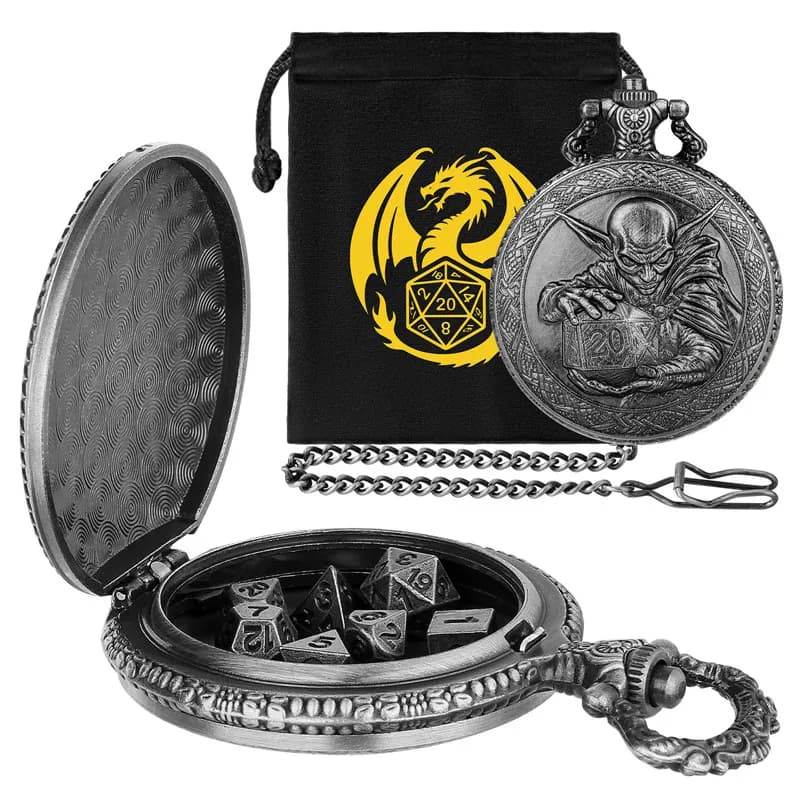 Custodia per orologio da tasca con dadi D20 in bronzo Goblin con 7 pezzi di dadi poliedrici in metallo di piccole dimensioni, set di accessori per giochi da tavolo da tavolo