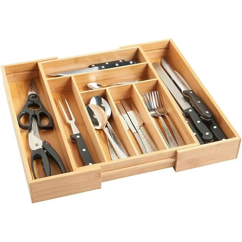 Bamboo Cutlery Tray,Kitchen Drawer Insert Large 6-8 Compartments, Utensil Holder Rack Organizer,for Home Office
