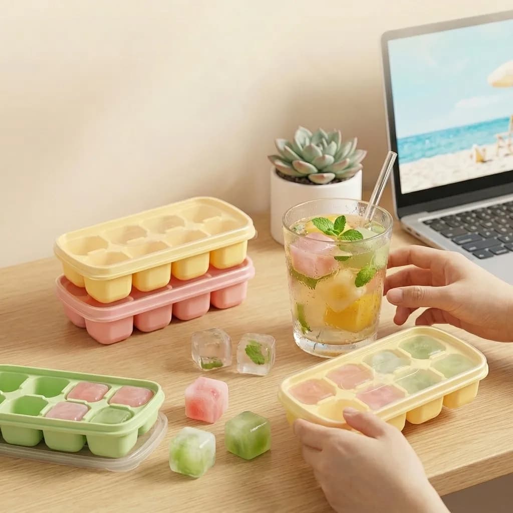 Stampo per Cubetti di Ghiaccio Riutilizzabile con Coperchio, 8 Scomparti, Accessorio da Cucina per Frigorifero