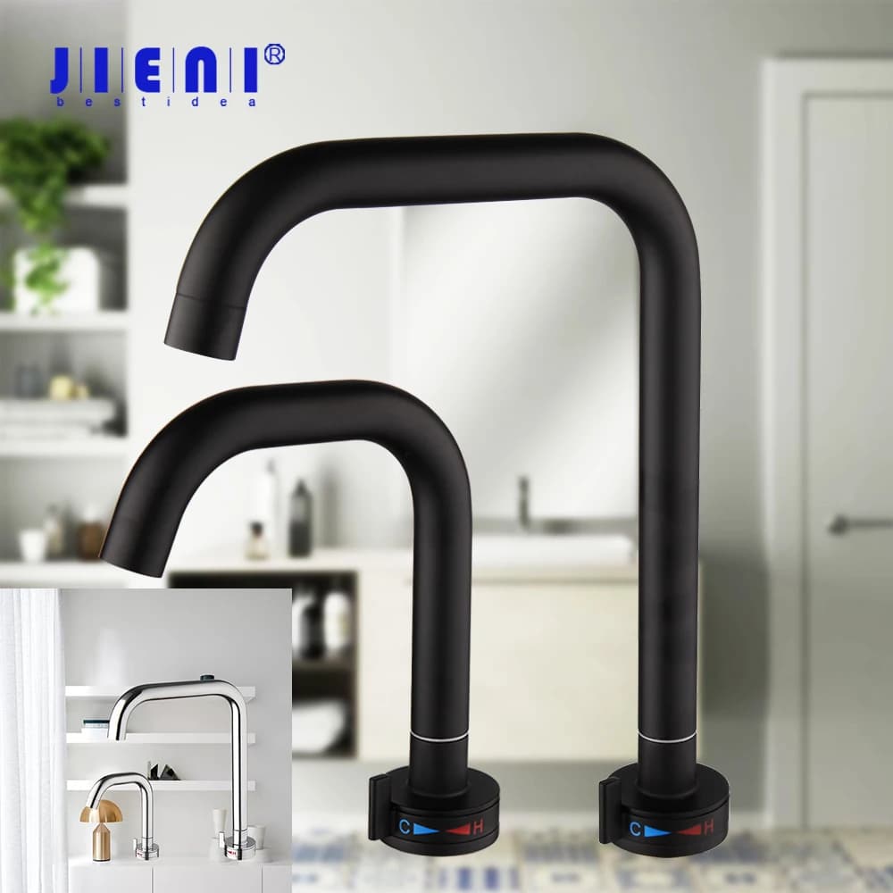 Rubinetto per Lavabo JIENI Nero Opaco e Cromato, Versione Semplice in Acciaio Inox con Miscelatore Acqua Calda e Fredda