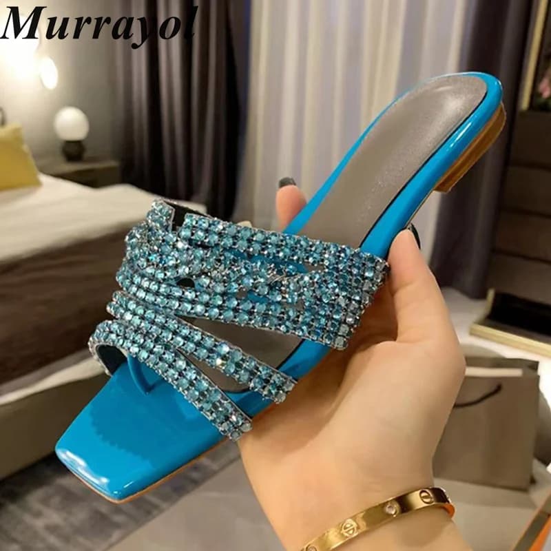 Pantofole a fondo piatto con punta quadrata con strass di lusso Sandali da donna con cristalli bling bling Scarpe da spiaggia per vacanze estive all'aperto per il tempo libero