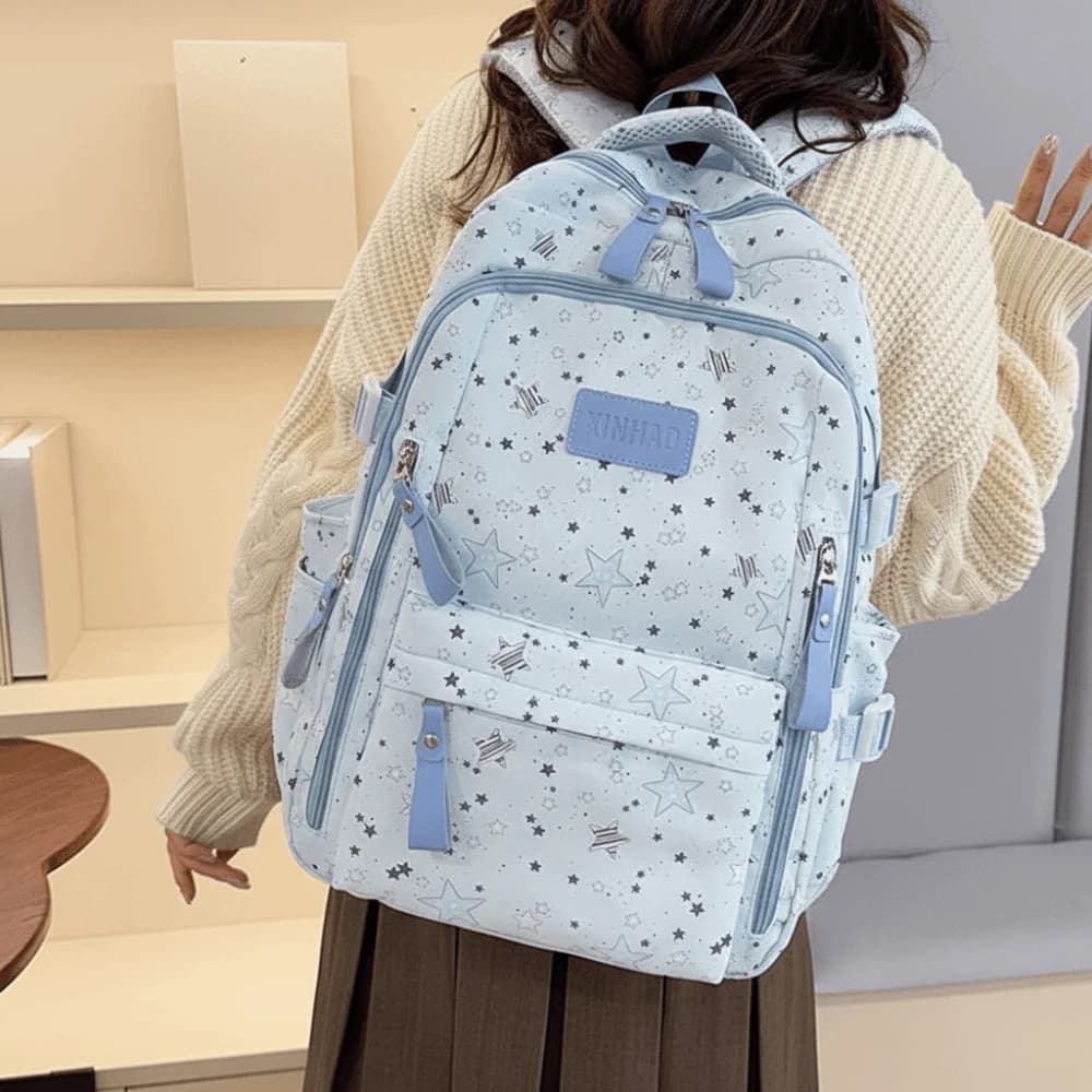 Cute Print Star Backpack Lightweight Large Capacity Nylon Backpack College Style Cloth Students School Bag Daily