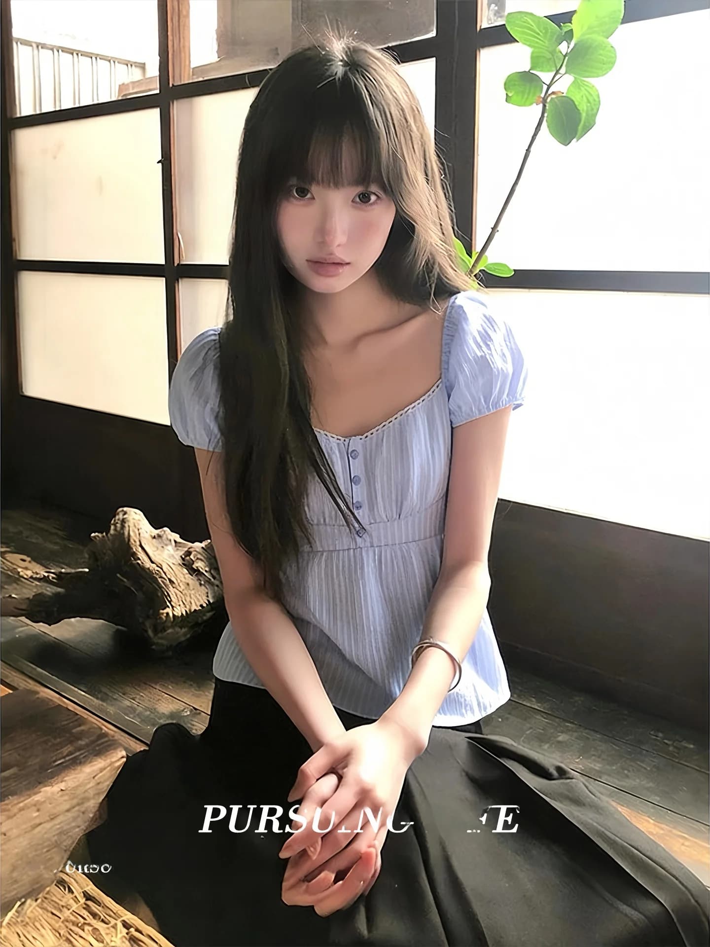 Blue Striped Short Sleeve Women's T-Shirt Slim Fit Waist Cinching Bubble Sleeve Square Collar Sexy Pure Desire Spring Summer