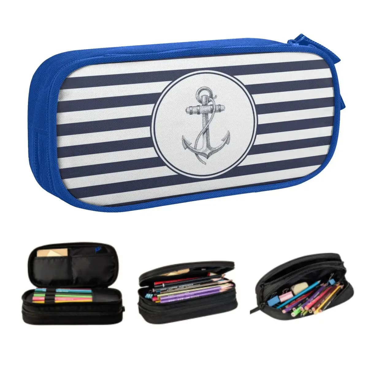 Custom Cute Navy Blue Stripes Nautical Anchor Pencil Cases for Girls Boys Large Storage Pencil Bag Stationery