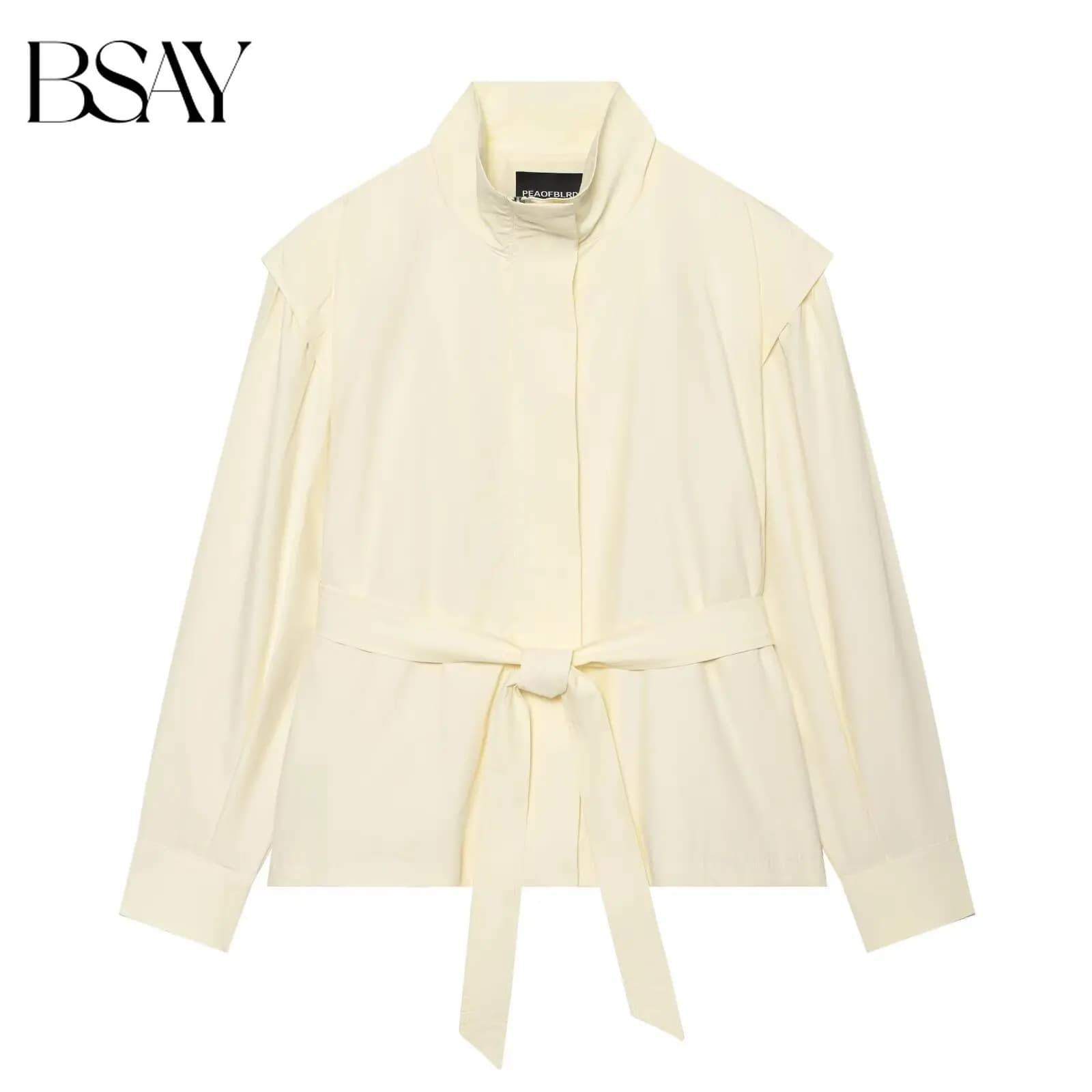 BSAY Minimal Office Women Short Trench Jacket Stand Collar Shoulder Tab Decor Self Tie Waist Belt Loose Solid Casual Outerwear