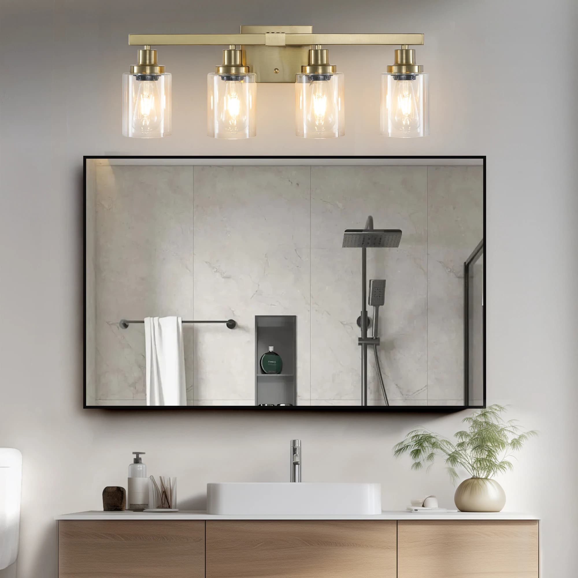 Lampada da toeletta dorata a 4 luci con paralumi in vetro trasparente, moderna lampada da parete per bagno in ferro e metallo per lampada da specchio (senza lampadine)