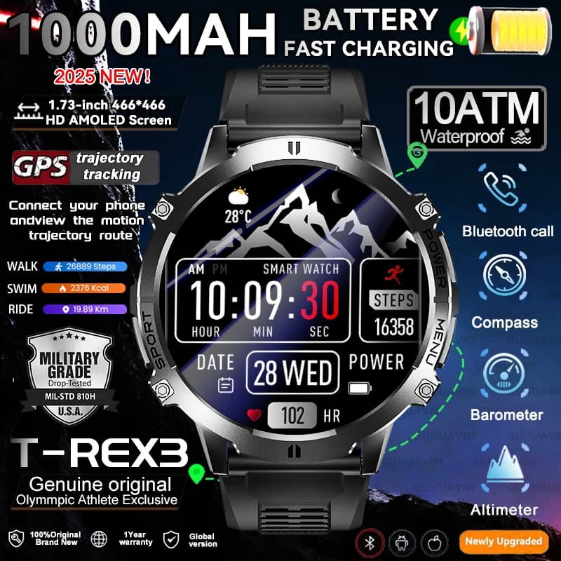 2025 NEW 1000mAh Super Long-Term Sports Smart Watch Man 1.73 "AMOLED GPS Track Track Compass 10ATM Waterproof Voice Call Watches