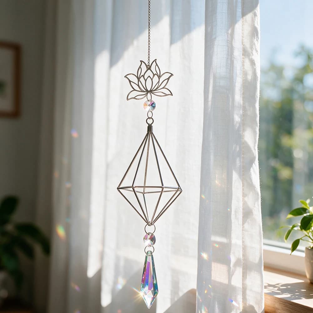 Suncatcher Lotus Metal Frame Hanging Air Plant Holder Boho Icicle Crystal Rainbow Maker Meditation Pendant Window Garden Decor
