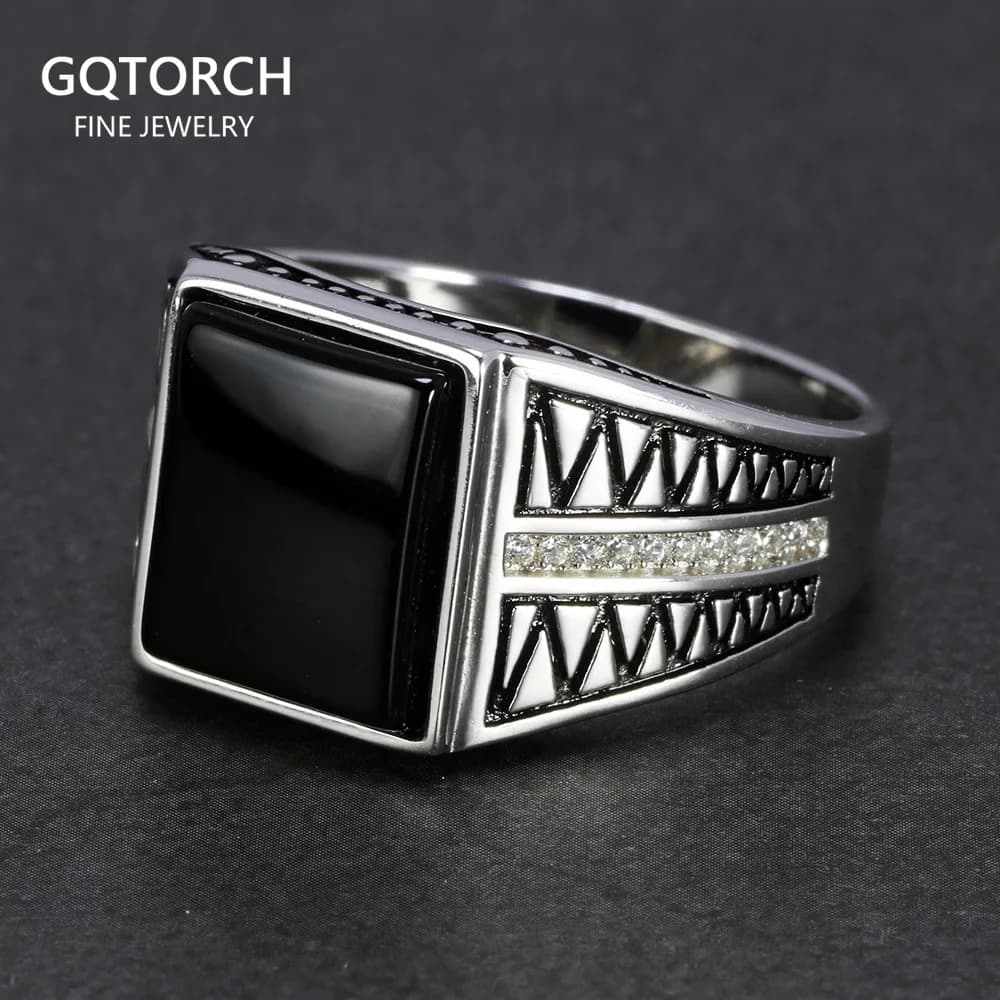 Real 925 Sterling Silver Black Onyx Ring For Men Natural Stone Micro Paved Cubic Zircon Simple Lines Design Turkish Jewelry