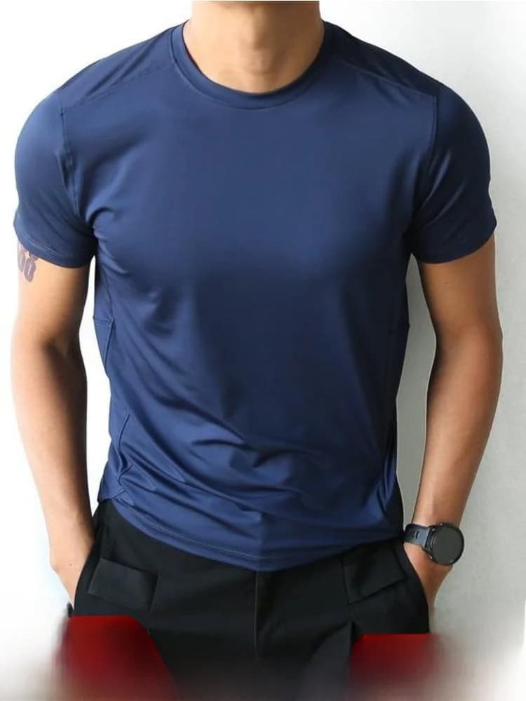 High Elasticity Breathable Men's Short Sleeve T-Shirt Quick Dry Moisture Wicking 3D Tailoring Comfortable Casual Polyester Fiber