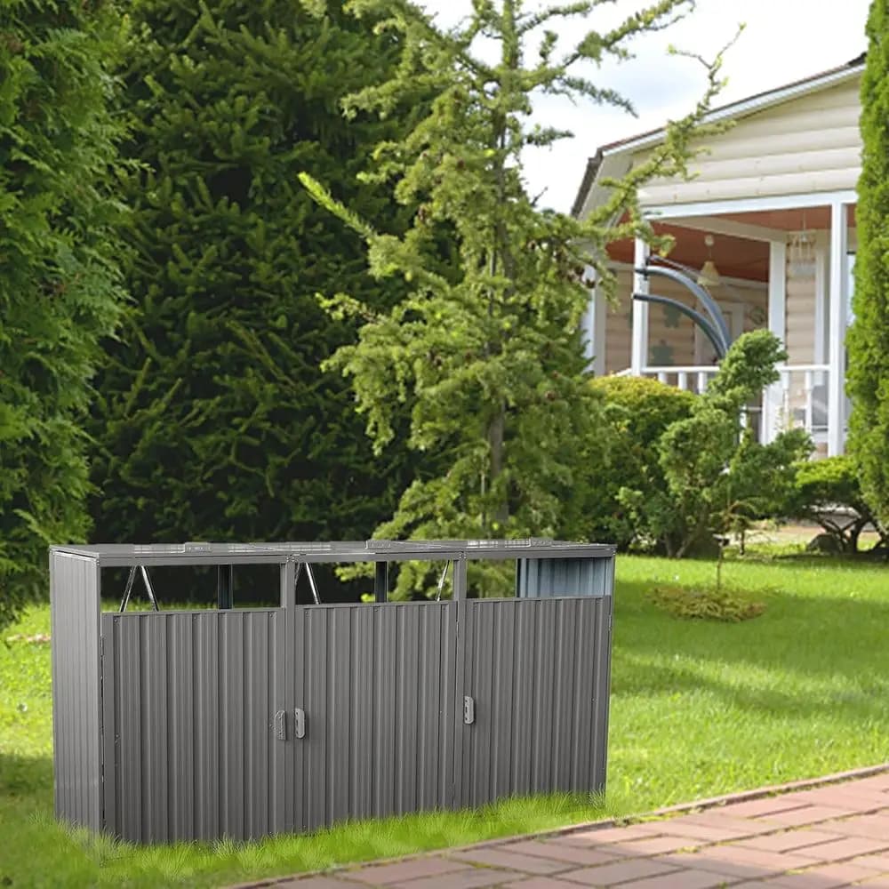 Contenitore per Bidoni Esterno in Metallo - Capanno Grigio in Acciaio Zincato per 3 Bidoni, Nasconde i Contenitori Utilitari, Ideale per Giardino e Cortile