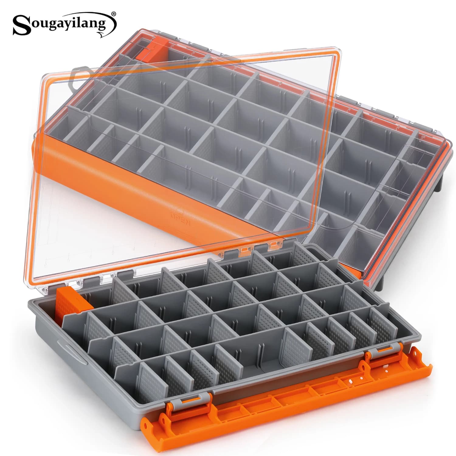 Sougayilang fishing gear box with transparent cover and DIY dividers, sealed, waterproof, impact resistant, for outdoor fishing