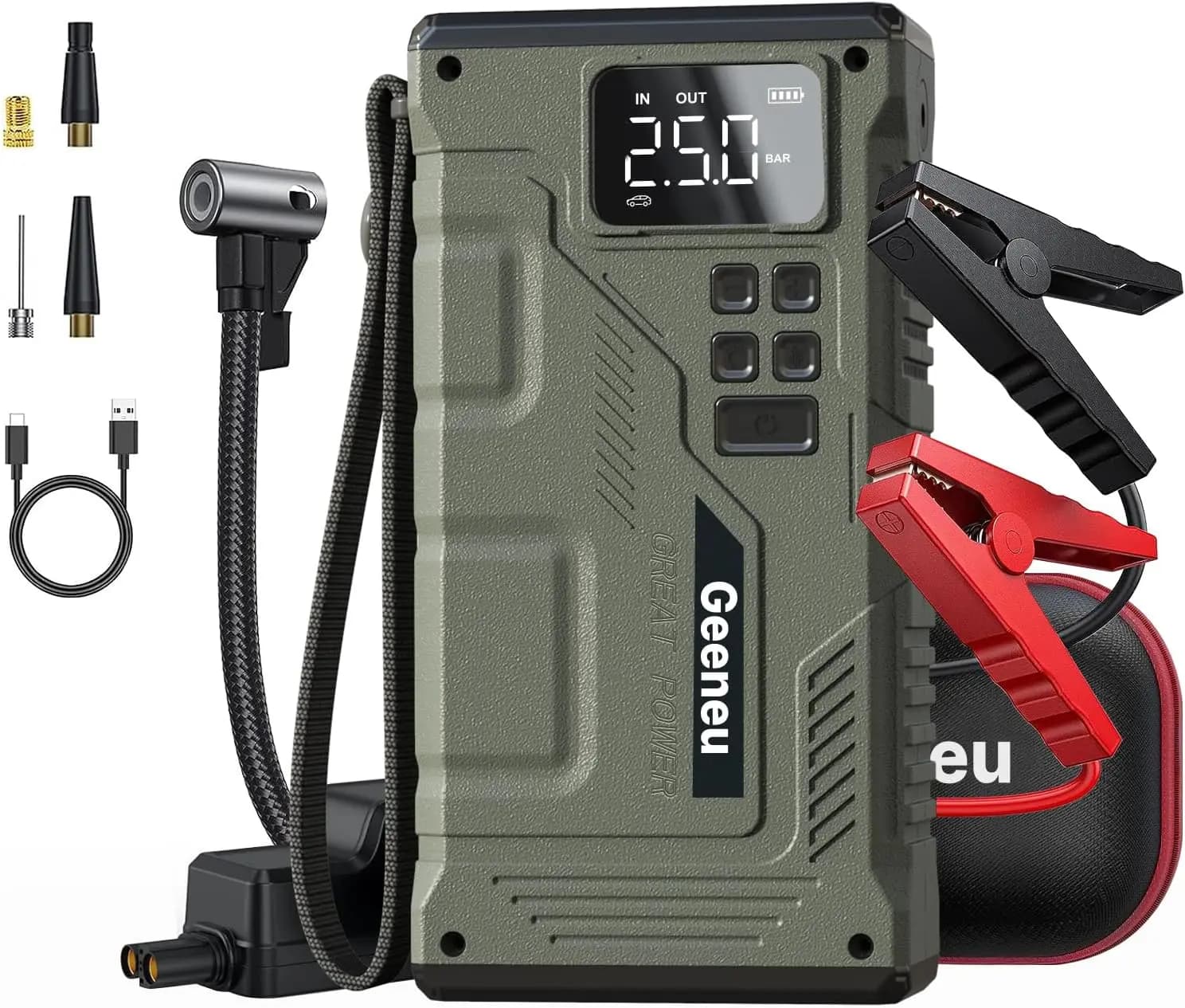 Avviatore di emergenza con compressore d'aria, picco 6000 A, gonfiatore digitale 150 PSI per auto a gas e diesel