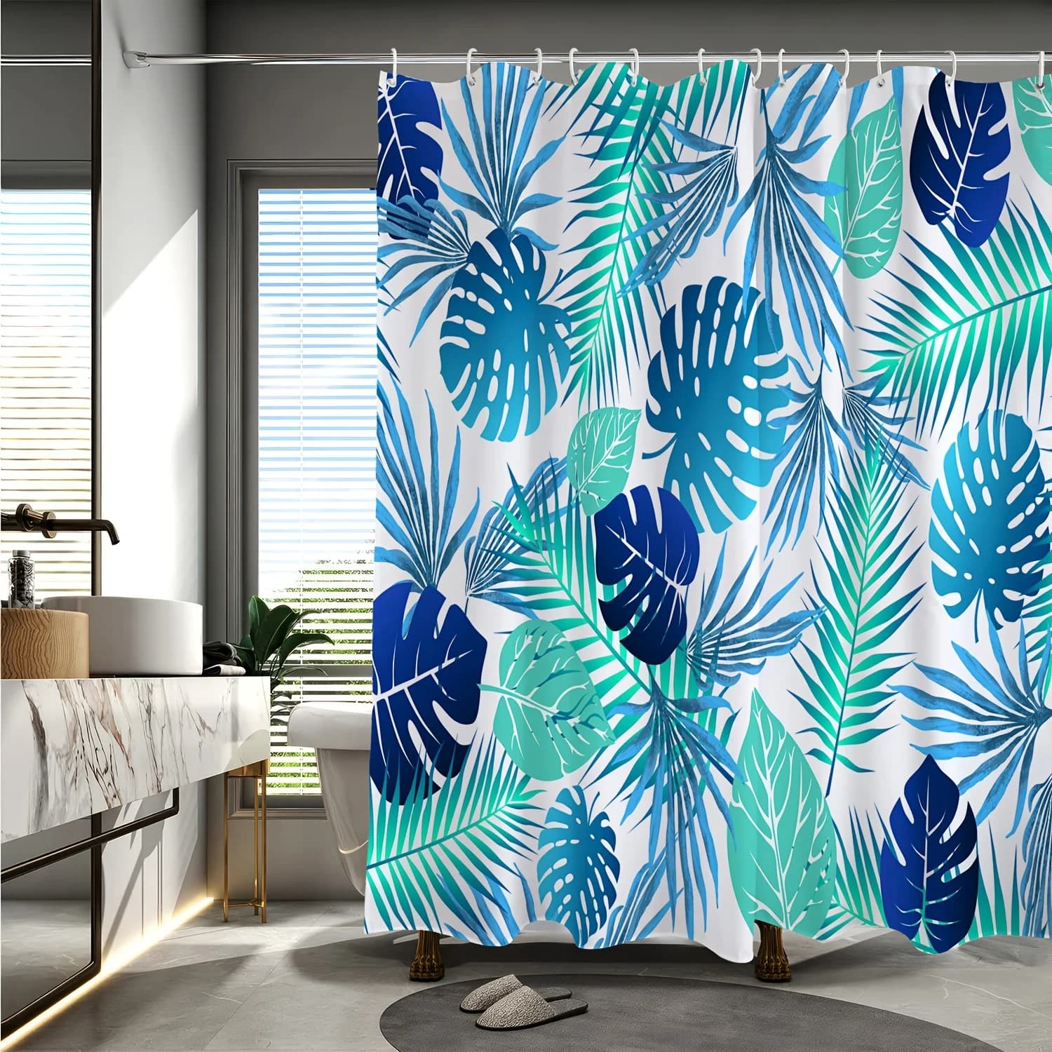 Tenda da doccia con stampa digitale con motivo a foglie - Poliestere reversibile, lavabile in lavatrice, arredamento per la casa e il bagno per tutte le stagioni