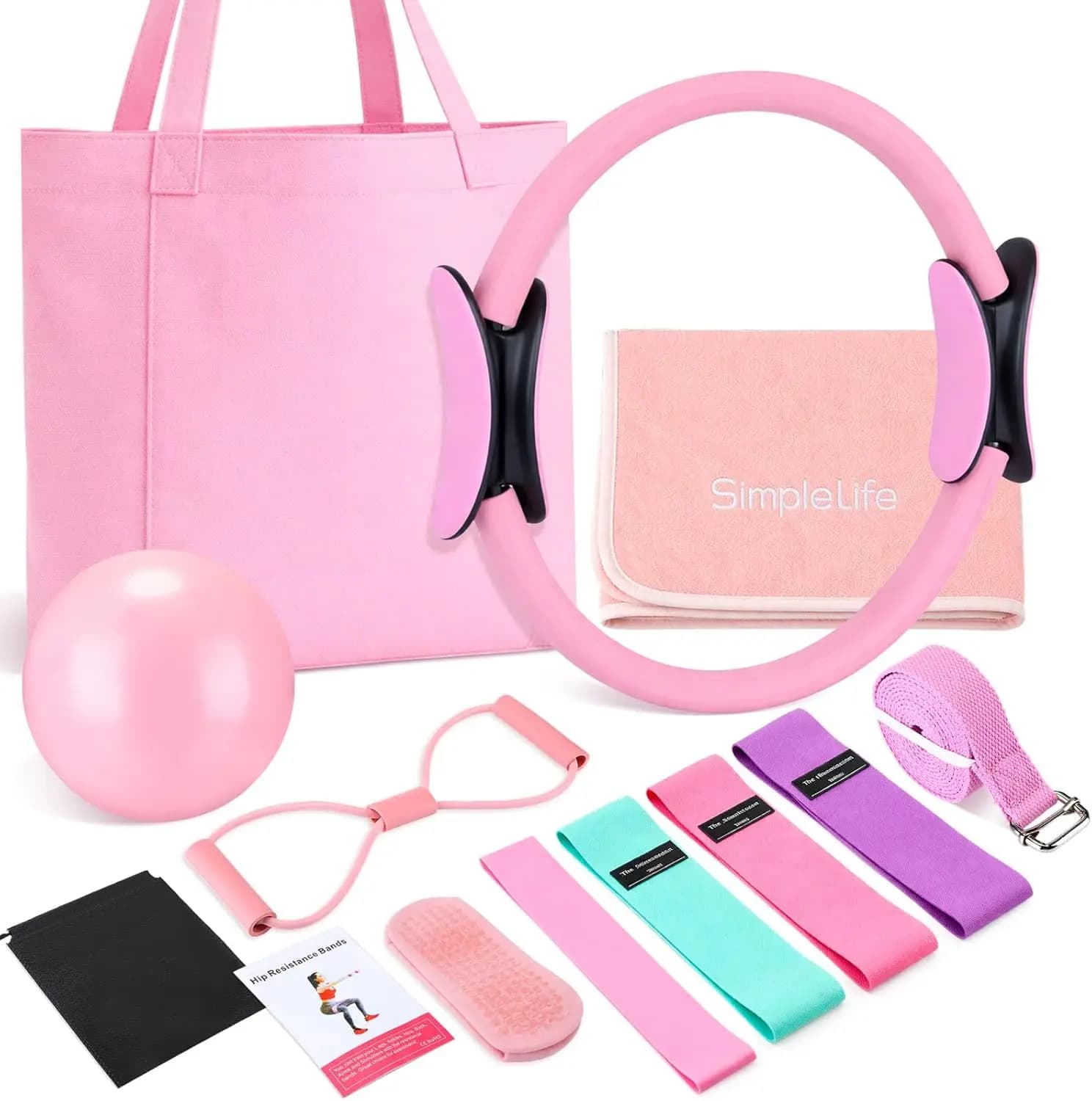 Set di 11 accessori rosa per yoga da donna, kit essenziale per pilates a casa, regali per amanti del fitness con tappetino yoga, Magic Circle, borsa tote, 3 fasce di resistenza, cinturino, calzini, asciugamano, palla, loop in TPE