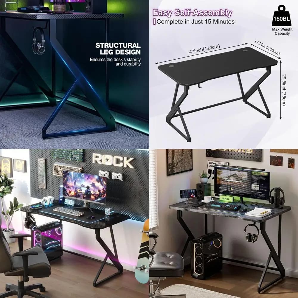 Scrivania da Gaming a Forma di Z 47 con Gancio per Cavi, Superficie in Fibra di Carbonio, Postazione PC Nera