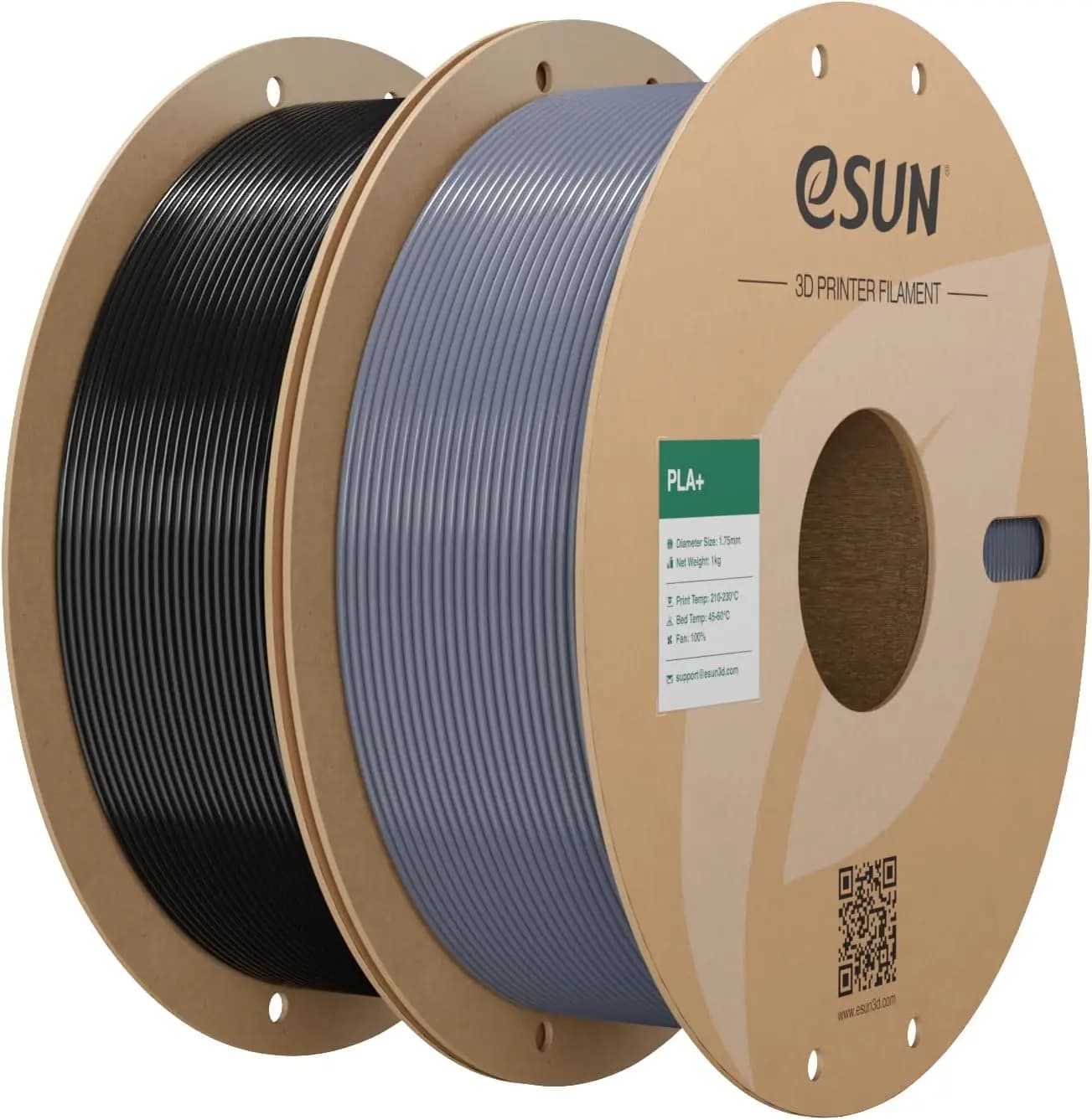 PLA+ Filament 1.75mm, 2 Spools, Black + Grey, Dimensional Accuracy +/-0.03mm, 1KG Each
