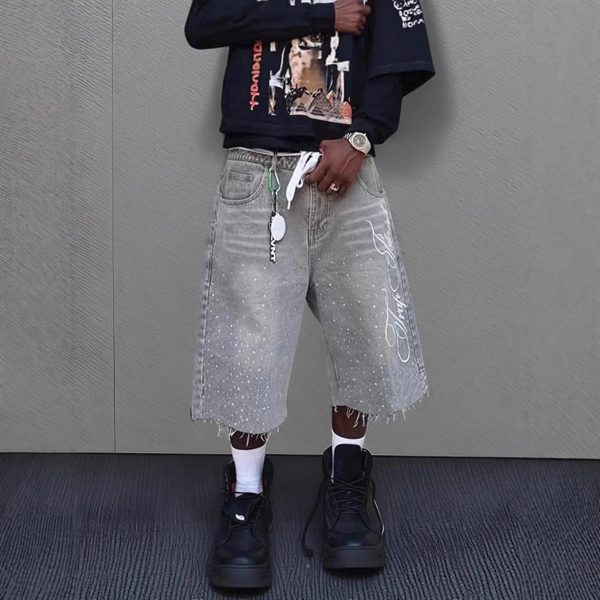 Retro Washed Print Men's Loose Straight Leg Jeans Casual Shorts Seven-Five Lengthened Pants Comfortable Non-Shrinkage