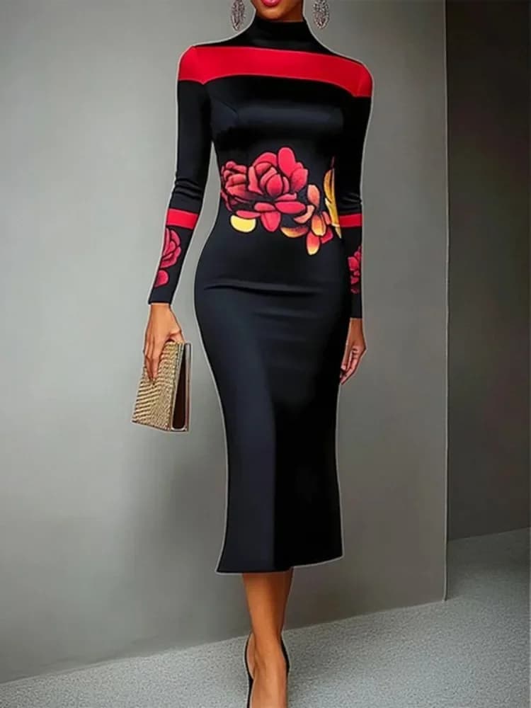 Gymystars eleganti abiti da sera stampati floreali rossi abito lungo moda skinny collo alto aderente vestido abito da festa per le donne