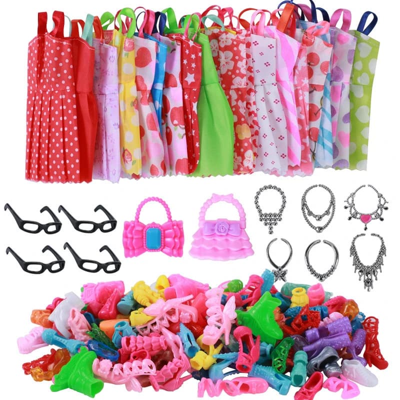 Accessori moda fatti a mano da 32 articoli = 10 articoli casuali Abito + 10 paia di scarpe casuali + 6 collane + 4 occhiali + 2 borse per bambola Barbie