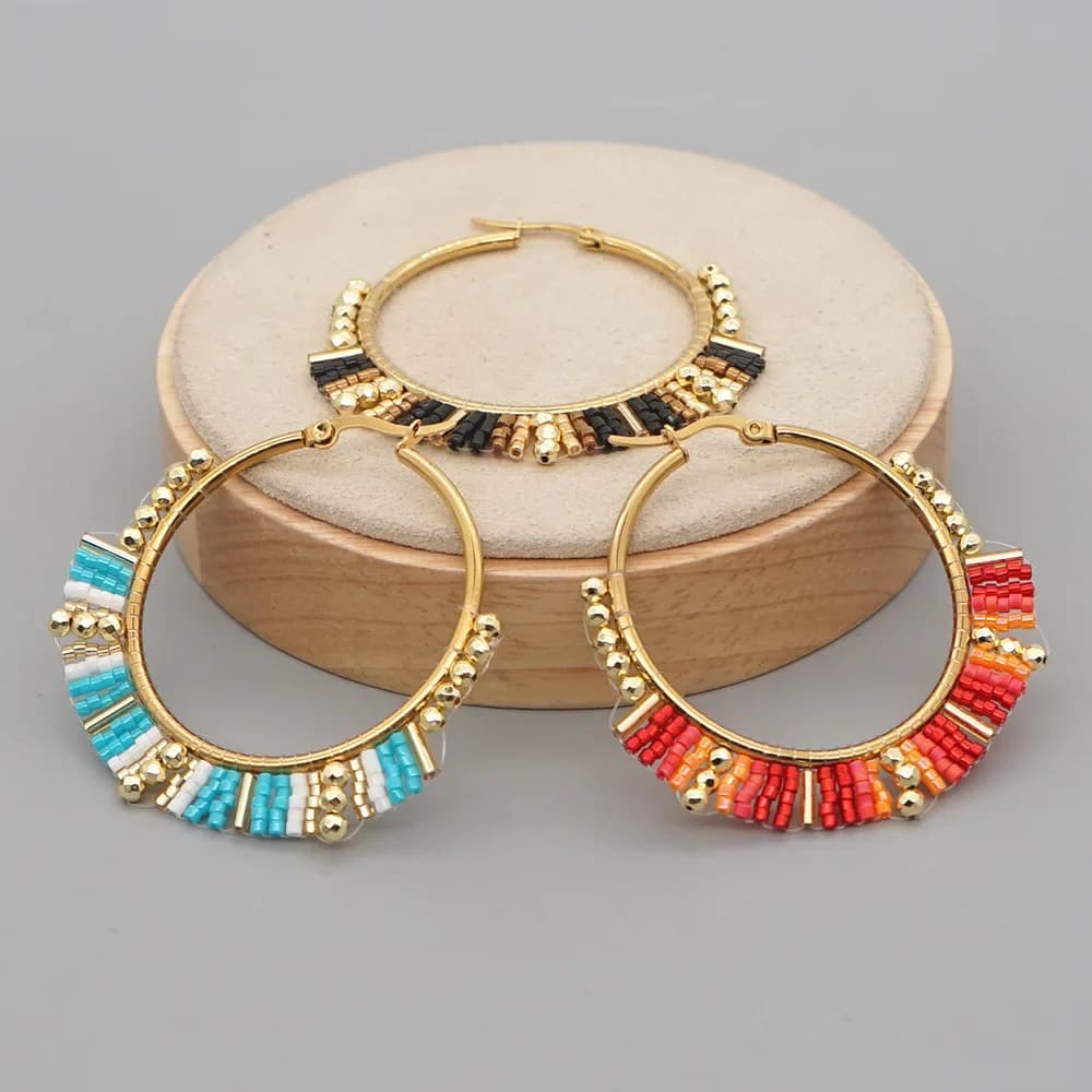 Big Circle Earrings Hand beading Bohemia weave tassels Exaggerate Twining Simple geometry ma'am Rice Bead Earrings