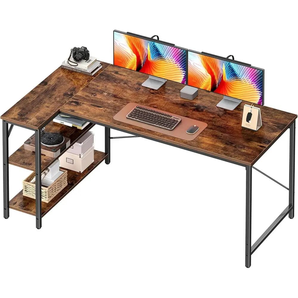 Scrivania a L, scrivania per computer da 55 pollici con ripiani reversibili, o scrivania per gaming, studio, ufficio domestico, in metallo, marrone rustico