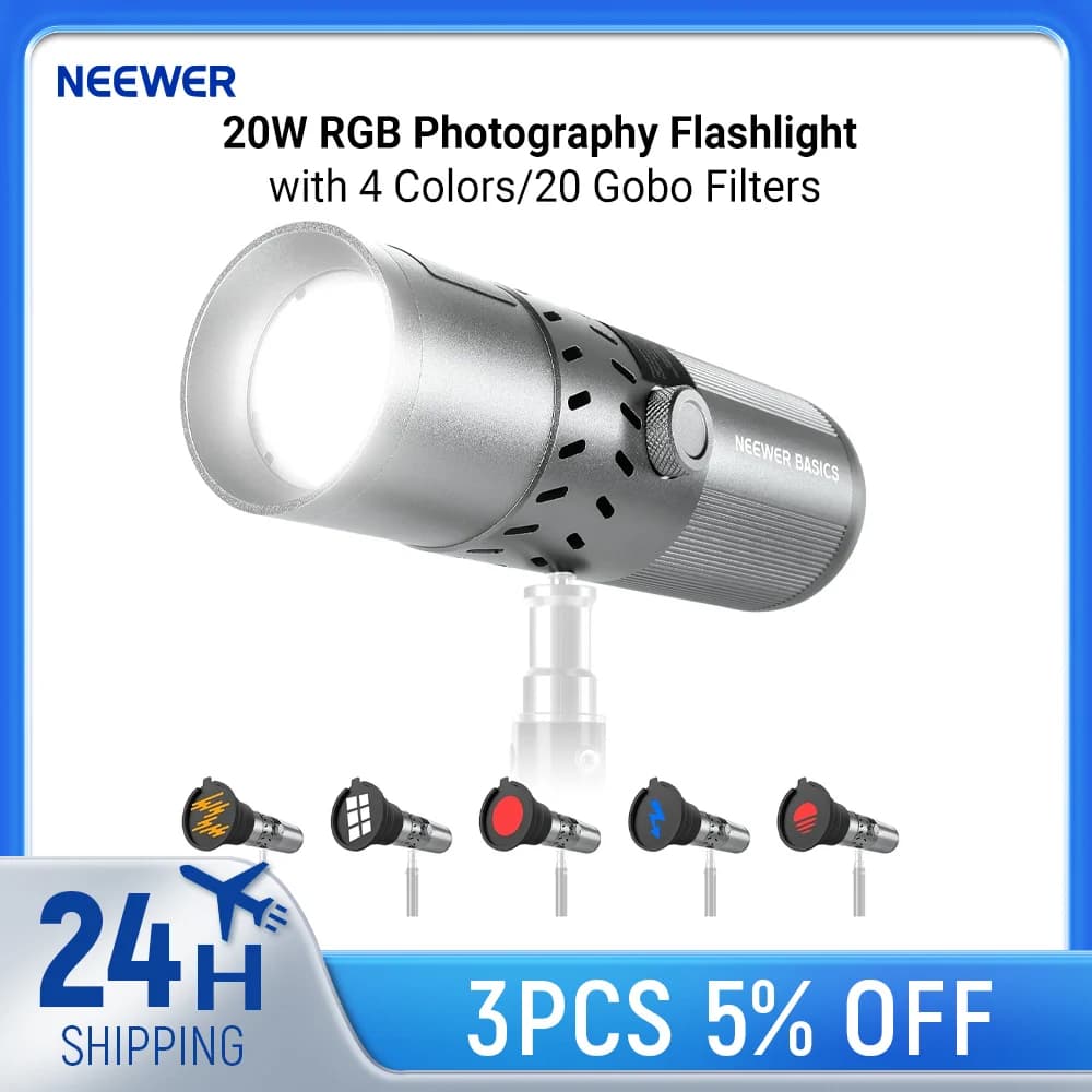 NEEWER BASICS Torcia Fotografica RGB 20W con 4 Colori/20 Filtri Gobo, Batteria da 49,95Wh, Faretto LED Portatile 6300K