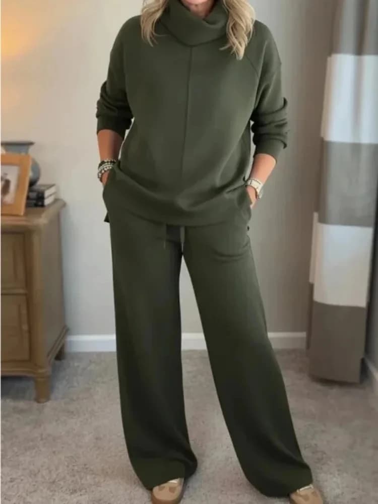 Completo Sportivo da Donna Autunnale con Felpa Oversize a Collo Alto e Pantaloni, Set Due Pezzi in Tinta Unita, Tuta Casual per Donna 2025