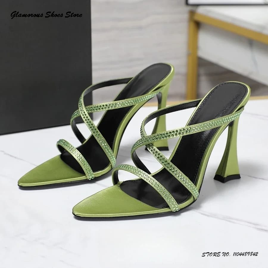 Cinghie impreziosite da cristalli Muli in raso Punta aperta da donna Tacchi sottili Scarpe da sera Primavera Estate Moda Festa Tacchi alti