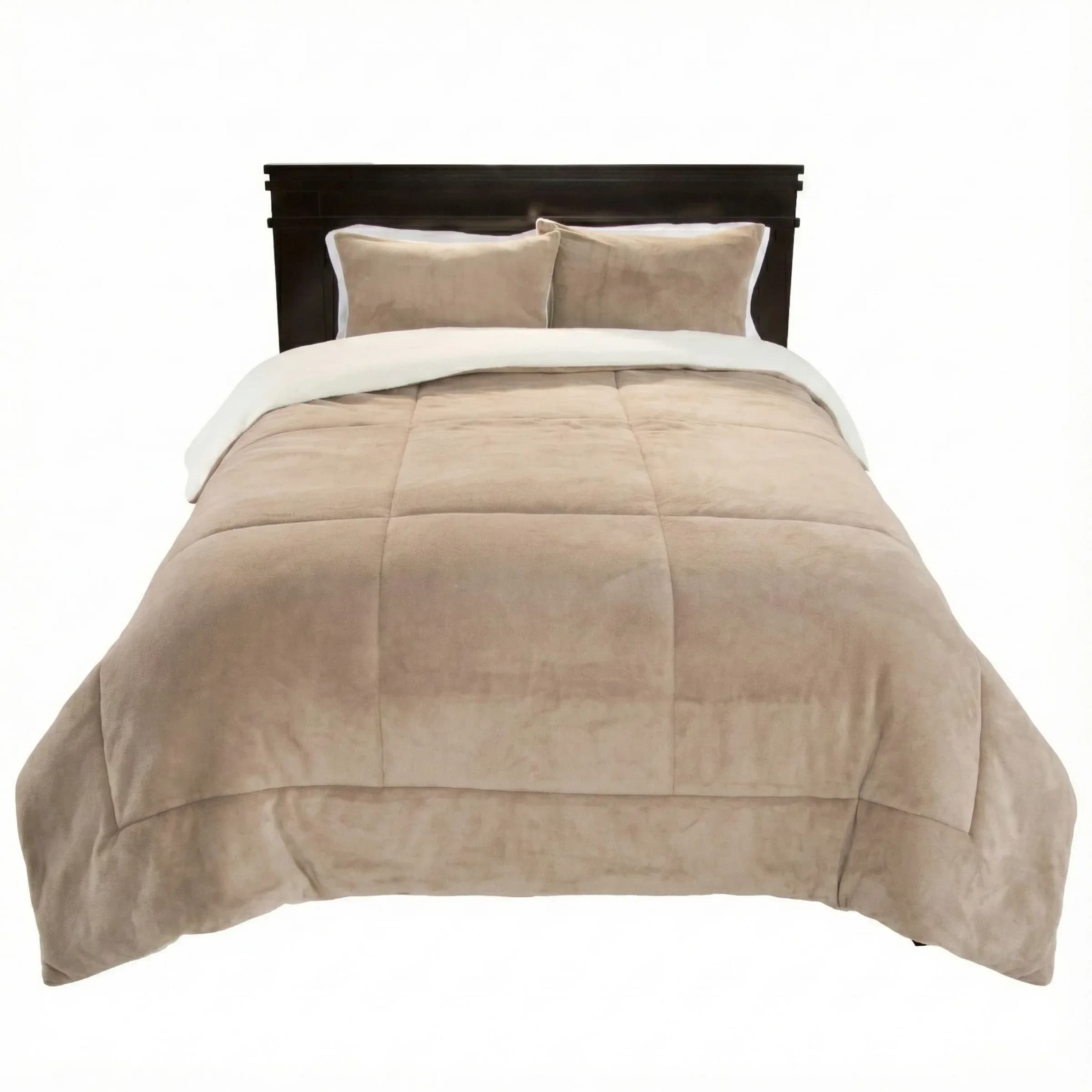 Full/Queen Comforter Set - 3-Piece Sherpa and Fleece Bedspread with Pillow Shams Bedding Comforter Set, Taupe