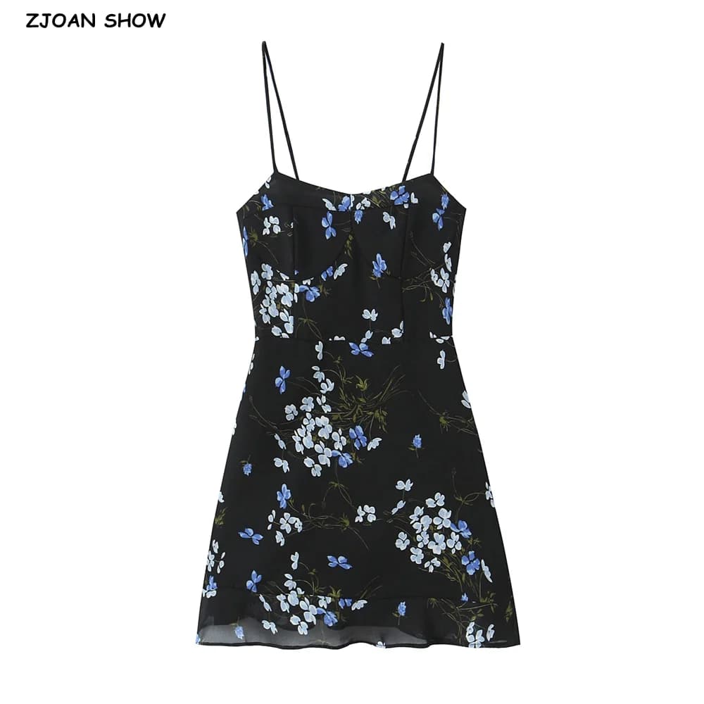 2025 Stile francese Retro Nero Stampa floreale Corsetto Stile Sling Dress Donna Elastico Indietro Abiti corti Estate Robe Femme Abiti