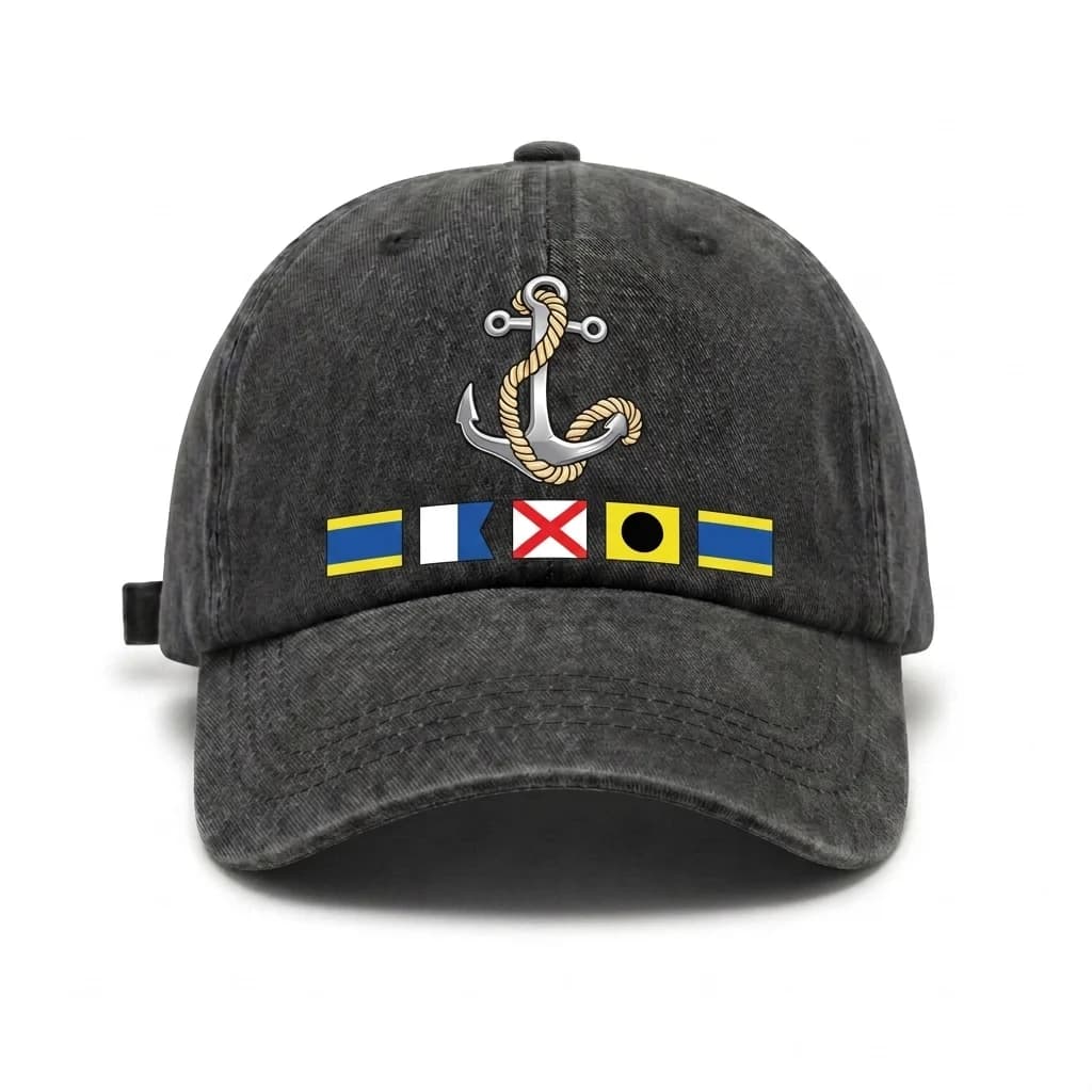 Vintage Washed Nautical Anchor Signal Flag Graphic Baseball Cap, Adjustable Unisex Dad Hat, Sailing Boating Gift