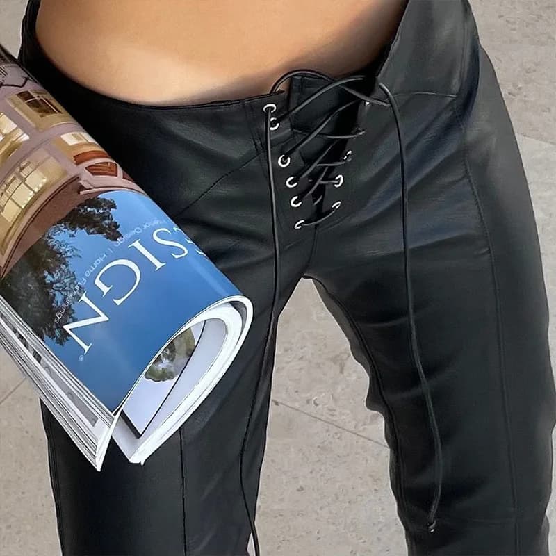 Pantaloni a Zampa d'Elefante in Ecopelle da Donna, Leggings Modellanti con Lacci Frontali, Stile Motociclista, Vita Elastica