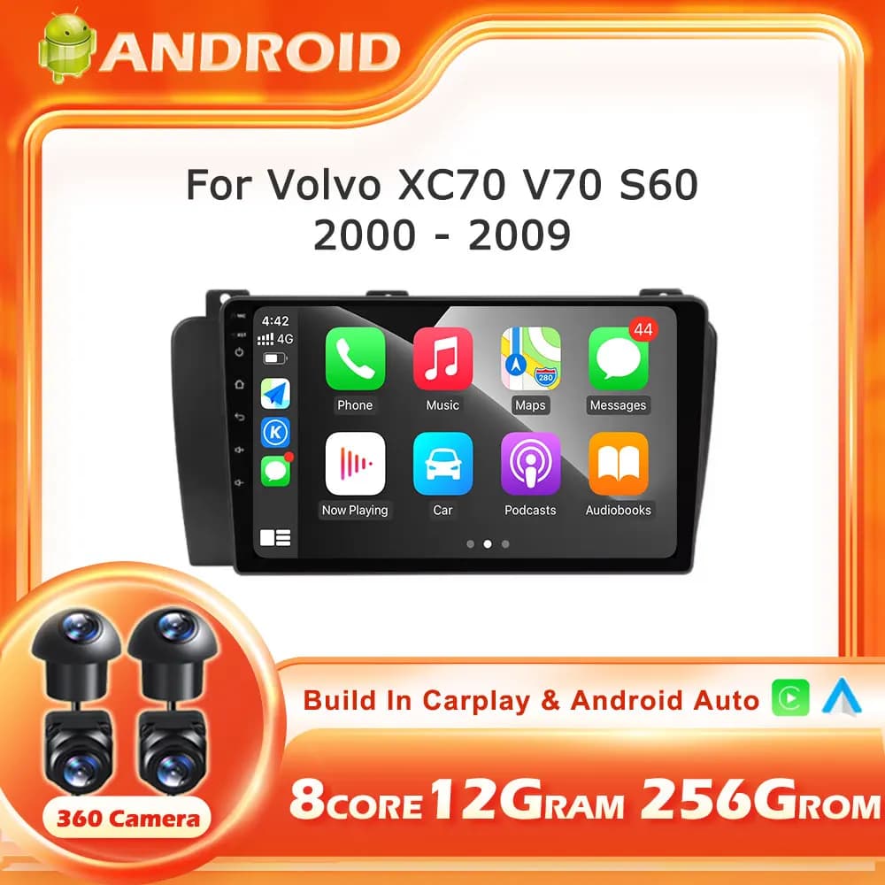 Autoradio Android 16 per Volvo XC70 V70 S60 2000-2009, Lettore Multimediale Stereo con GPS, Navigazione, Carplay Wireless e Strumenti Stereo